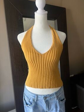 BOHO FESTIVAL Ribbed Halter Knit Tank Top in Mustard